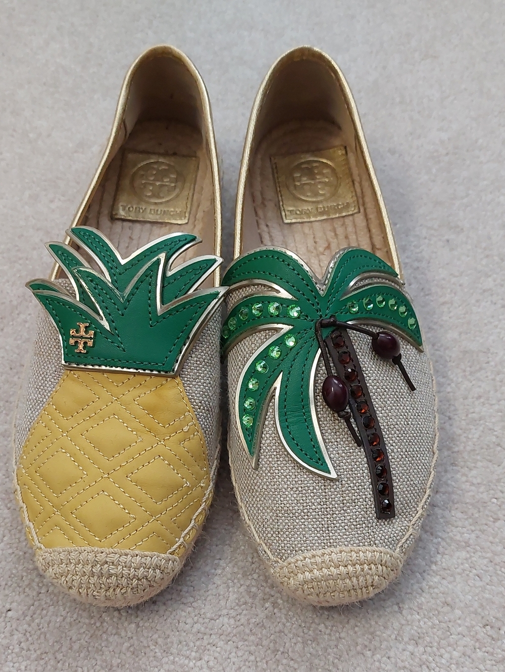 Tory Burch Women  Pineapple & Palm Appliqué Slip-Ons in Green and Yellow